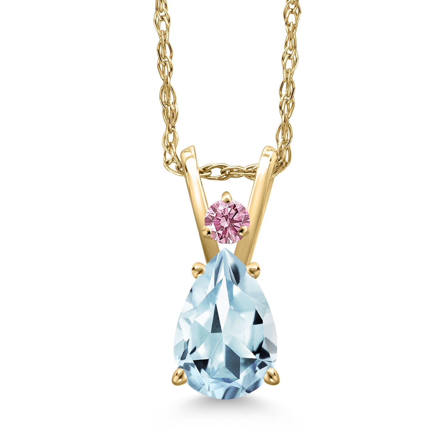 Gem Stone King 14K Yellow Gold Sky Blue Aquamarine and Pink Lab Grown Diamond Pendant Necklace for Women | 0.67 Cttw | Gemstone March Birthstone | Pear Shape 7X5MM | With 18 inch Chain