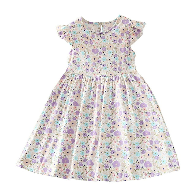 COM1950s Shorts pour Filles, Robe à Manches Courtes, Mode Été Nouvelle Robe à Manches Courtes avec Poches à Volants Col Rond Imprimé Robe Douce Débardeur, Robe Bébé Fille, Robe d'Été Filles, Robe Débardeur