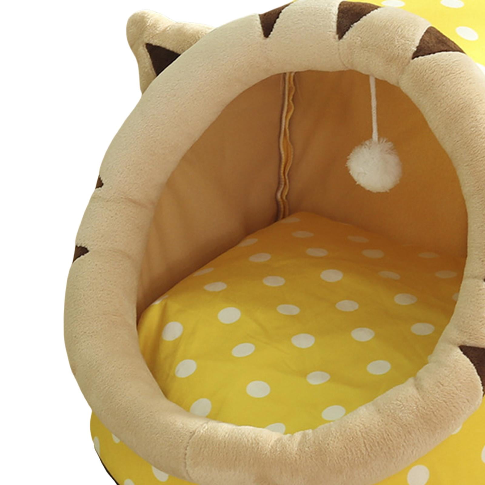 Cute Cave Bed with Ball Slip Bottom Furniture Warm Dog Basket Soft Hideout Portable Pet House Nest for Puppy Indoor Cats Rabbit Kitten , 35x35x31cm Yellow