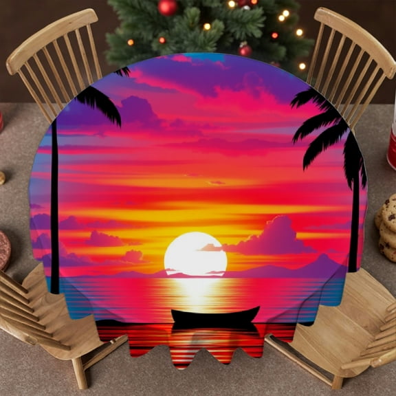 RKSupls Round Tablecloth - Sunset Palm Beach Microfiber Table Cover - Soft, Stain Resistant & Washable Decor for Wedding, Party, Holiday, Home Dining, 60x60inch