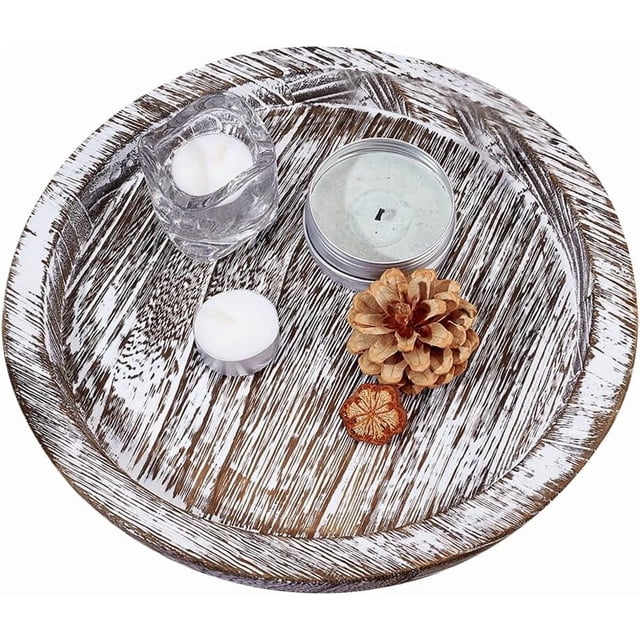 Bandeja rústica de madera para servir, bandeja de madera para joyería, bandeja decorativa para mesa de centro, soporte de almacenamiento redondo blanco lavado, decoración circular para centro de mesa.