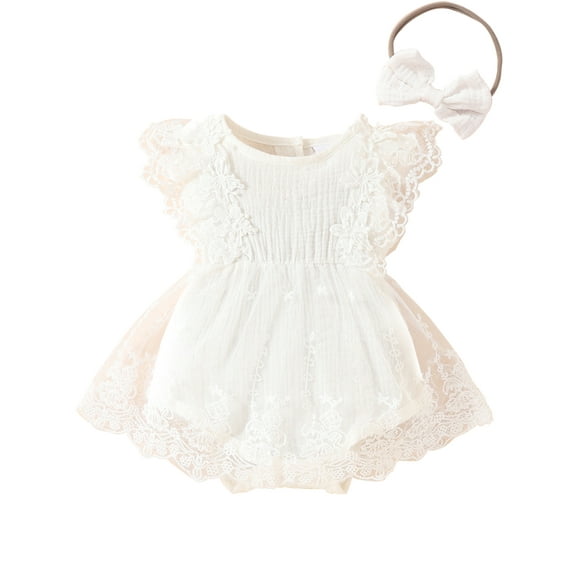 HWJAD Newborn Baby Girl Cotton Sleeveless Rompers Tutu Dress Summer Clothes Lace Ruffle Bodysuit with Headband