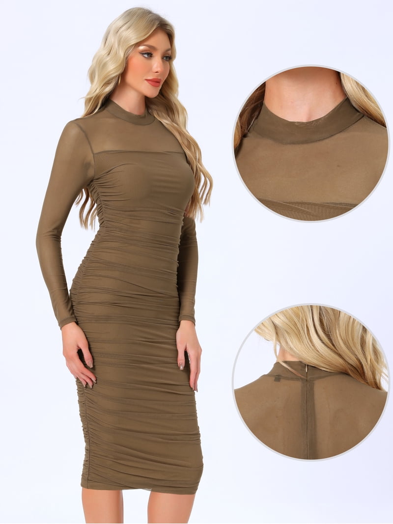 camel bodycon dress Womens Lipsy Camel Petite Satin Wrap Boat Neck Bodycon Midi Dress US 14