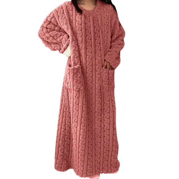 BLTIBY 2025 Womens Fleece Robe Plush Long Sleeve Bathrobe with Pockets Warm Soft Pullover Bathrobes Fashion Comfortable Pink L
