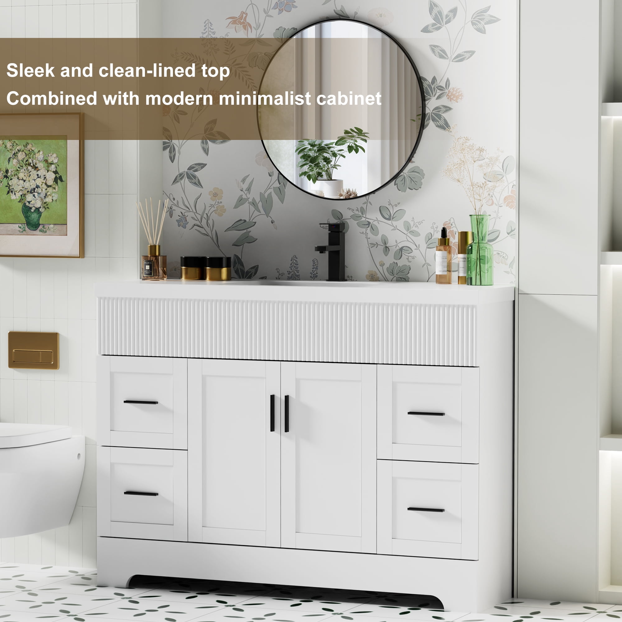 eclife Freestanding Single Sink Bathroom Vanity with Resin Top, Faucet, and Drain, 48 Inch