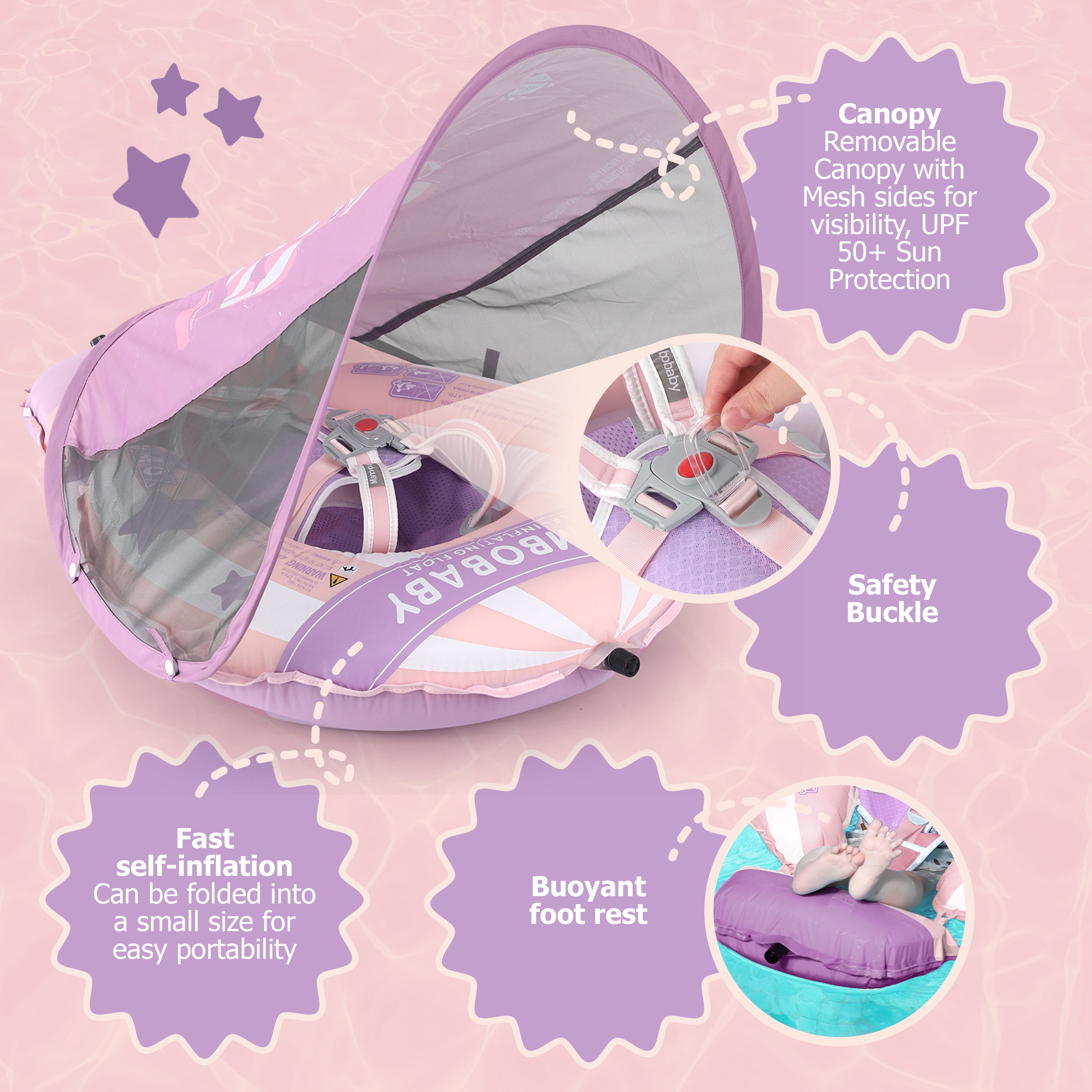 Mambobaby Self Inflating Baby Pool Float with Canopy- Pink