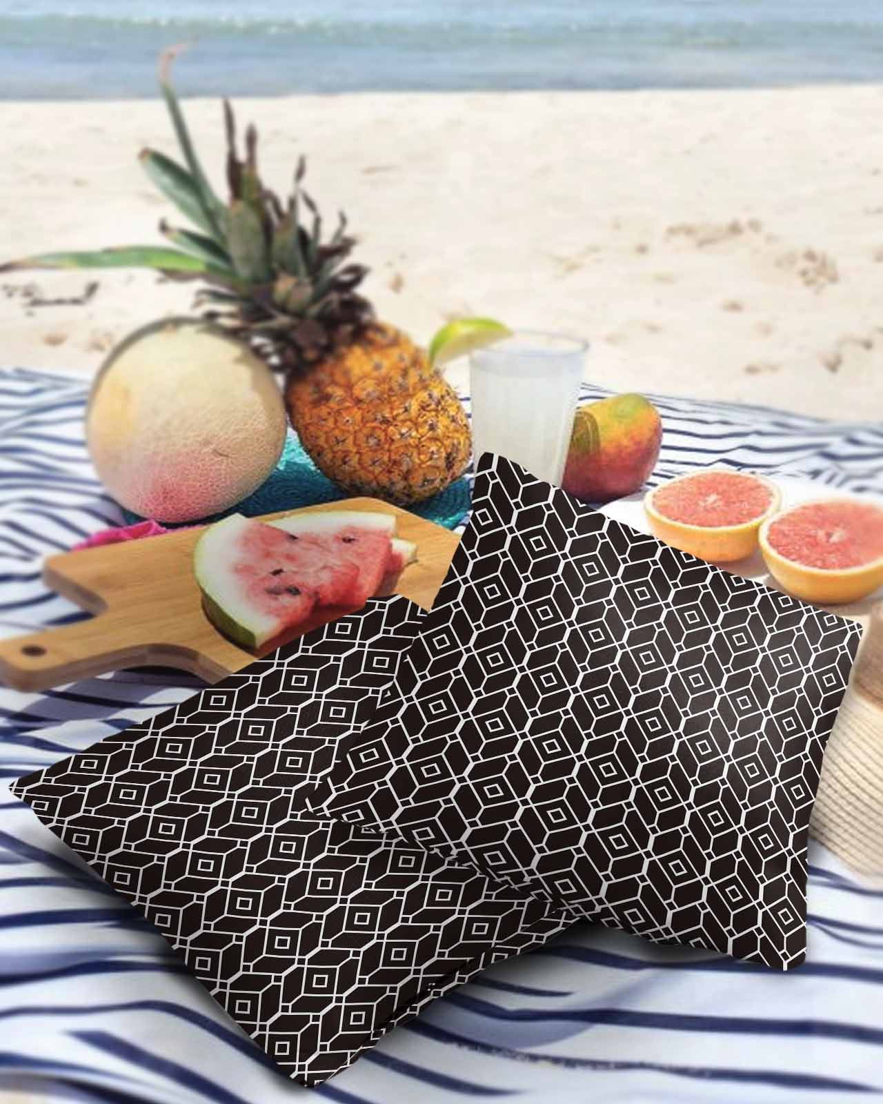 Pack of 2 Outdoor Pillow Covers, Black Modern Geometic Texture Waterproof Square Throw Pillowcase Cushion Decorative Pillow Covers for Couch Patio Tent, 16x16 in