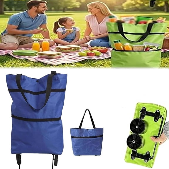 2-in-1 Foldable Shopping Bag On Wheels, Rolling Grocery Tote Bag Heavy Duty Oxford Fabric, Adjustable Handle for Travel Camping Errands