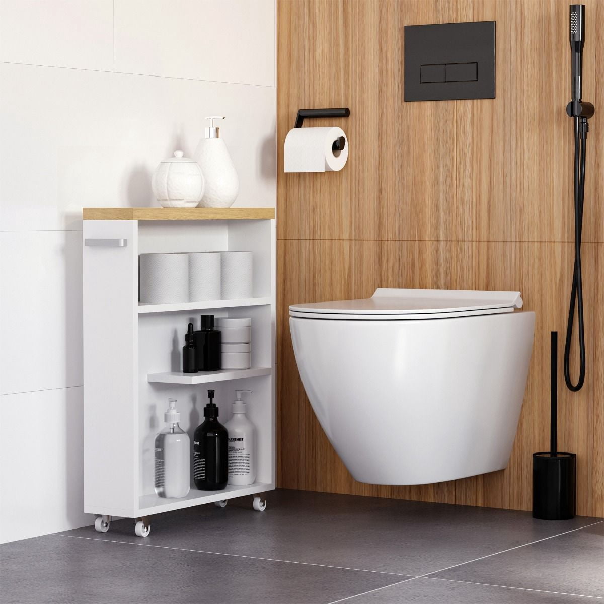 Slim Rolling Bathroom Storage Cart with 3 Open Shelves, Mobile Narrow Toilet Gap Organizer Cabinet on Wheels P2 Particleboard Space Saving Side Storage Unit