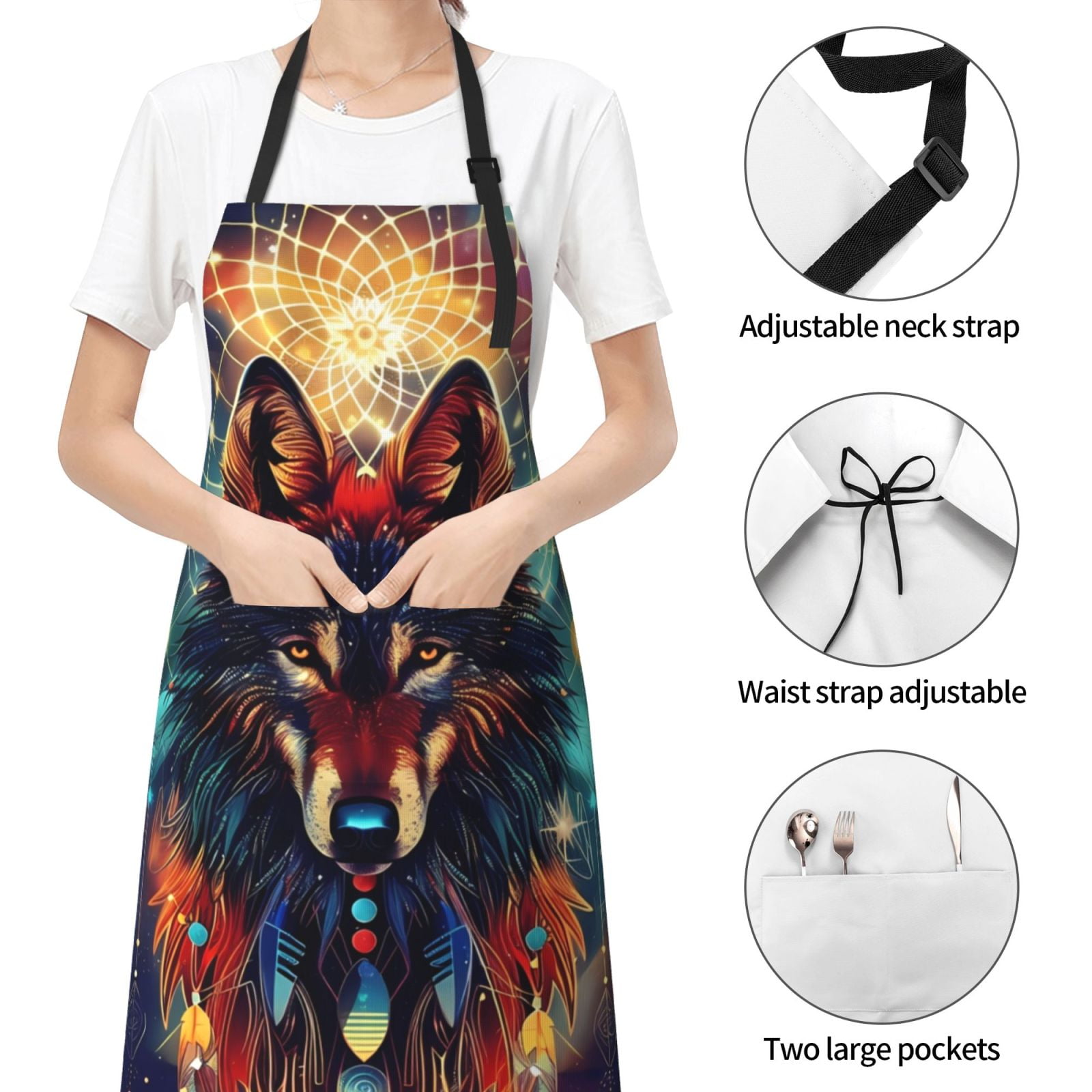 Xecao Mystic Wolf Dreamcatcher Print Kitchen Cooking Aprons, Waterproof Adjustable Bib Aprons with 2 Pockets for Women Men Chef