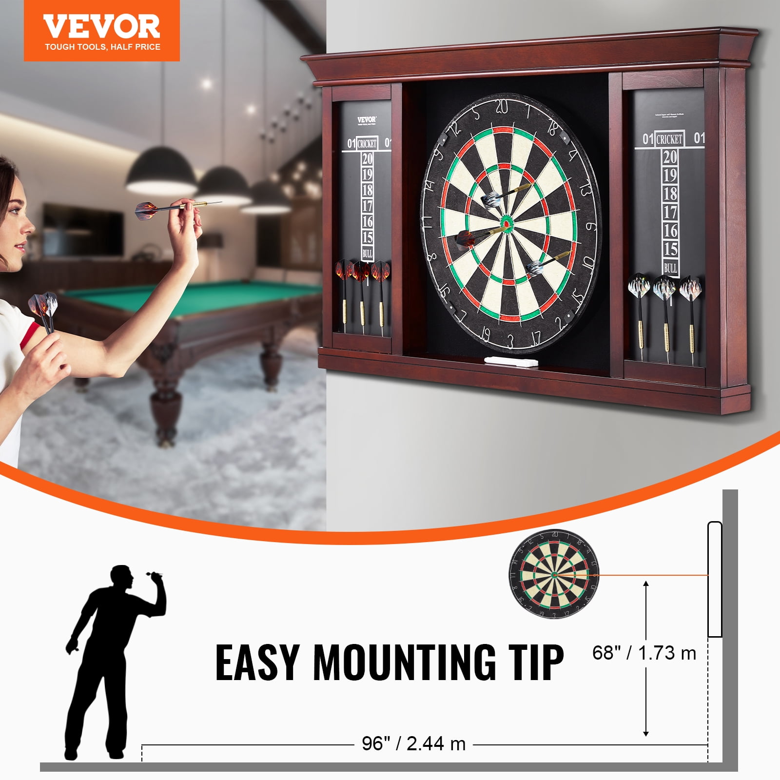 VEVOR Dartboard and Cabinet Set, Ready-to-Play Bundle Official Size Dartboard Cabinet Set, Steel Tip Dart Cabinet, Features Easy Assembly, Complete with All Accessories, Perfect for Cricket Games