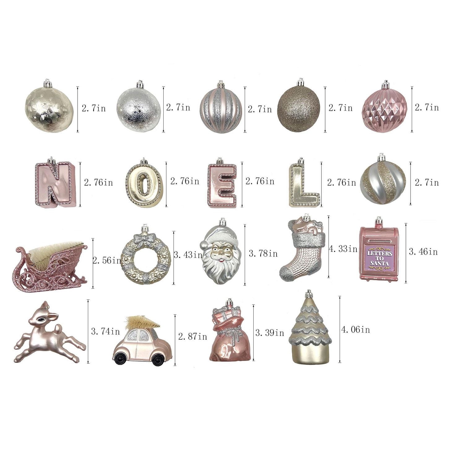Lot de 50 décorations emblématiques de Noël incassables, argent/rose/or