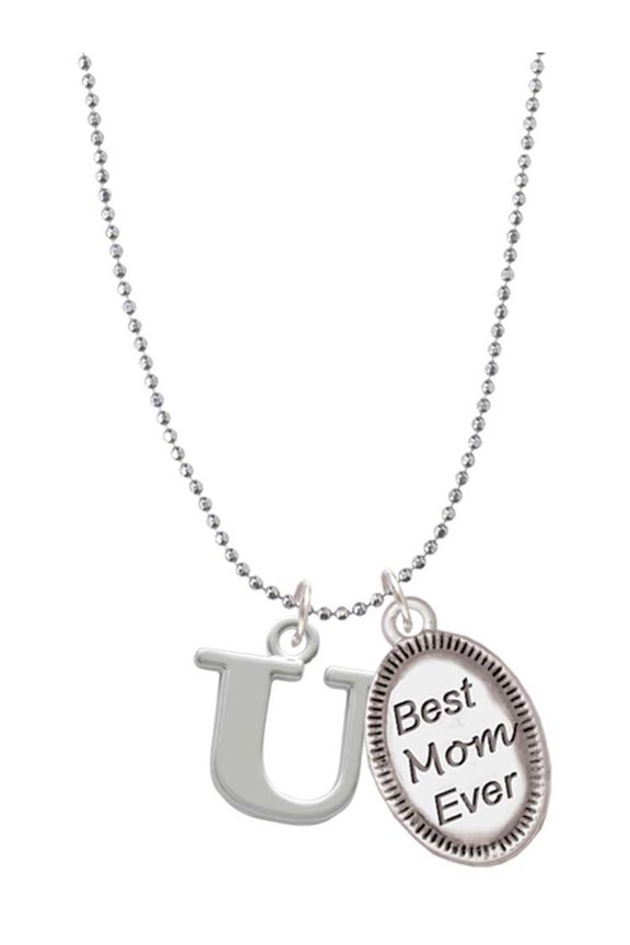 Silvertone Large Initial - U - Best Mom Ever Charm Necklace