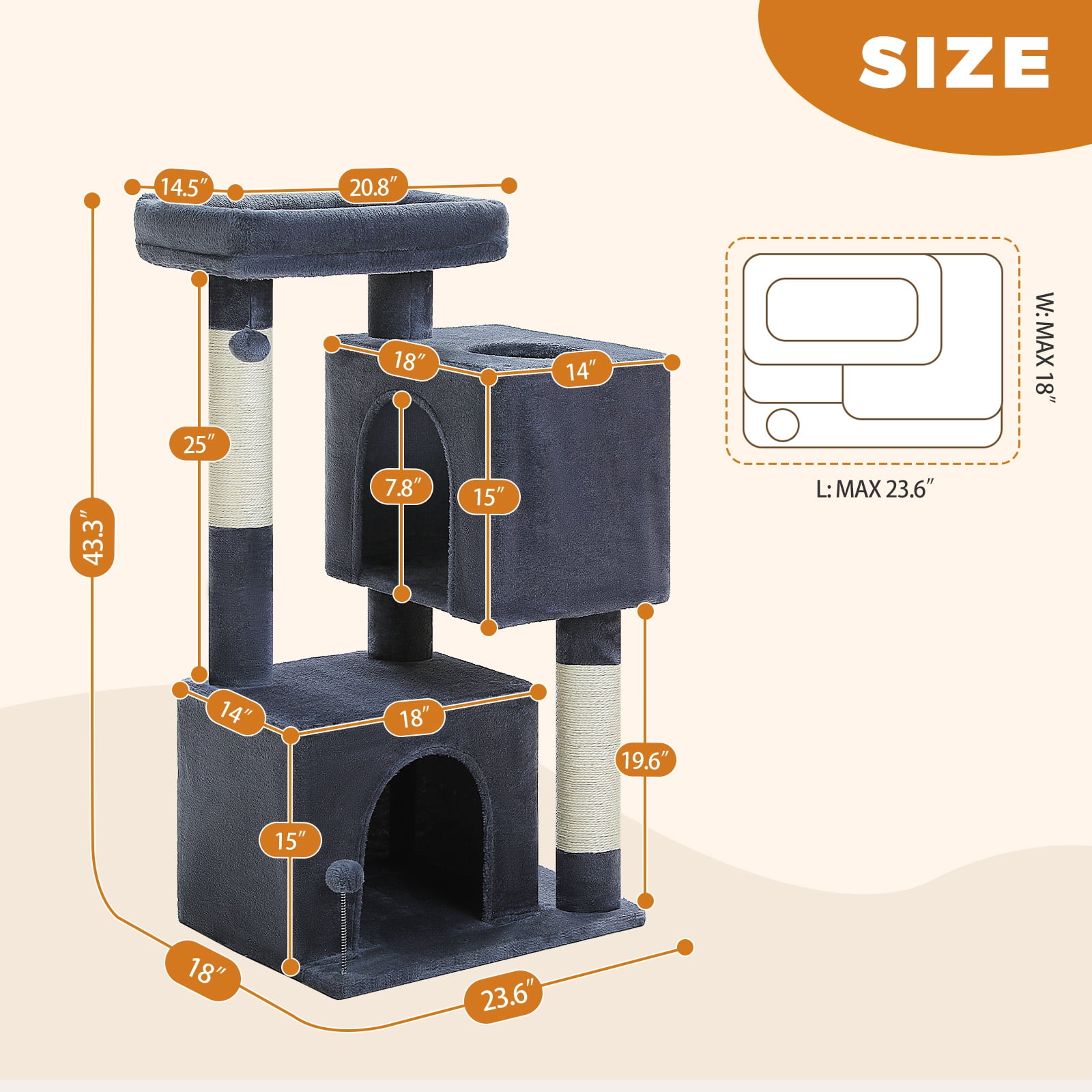 Pefilos 43" Cat Tree Tower for Adult Cats, Stable Cute Sisal Cat Climb Holder Cat Condo for Indoor Cats Lamb, Dark Gray