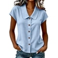thumbnail image 3 of VBVC Women's Cotton Linen Button Down Shirts, Ladies' Peter Pan Collar Short Sleeve Blouses, Summer Office Work Tunic Tops For Women, Light Blue , S-2XL, 3 of 9