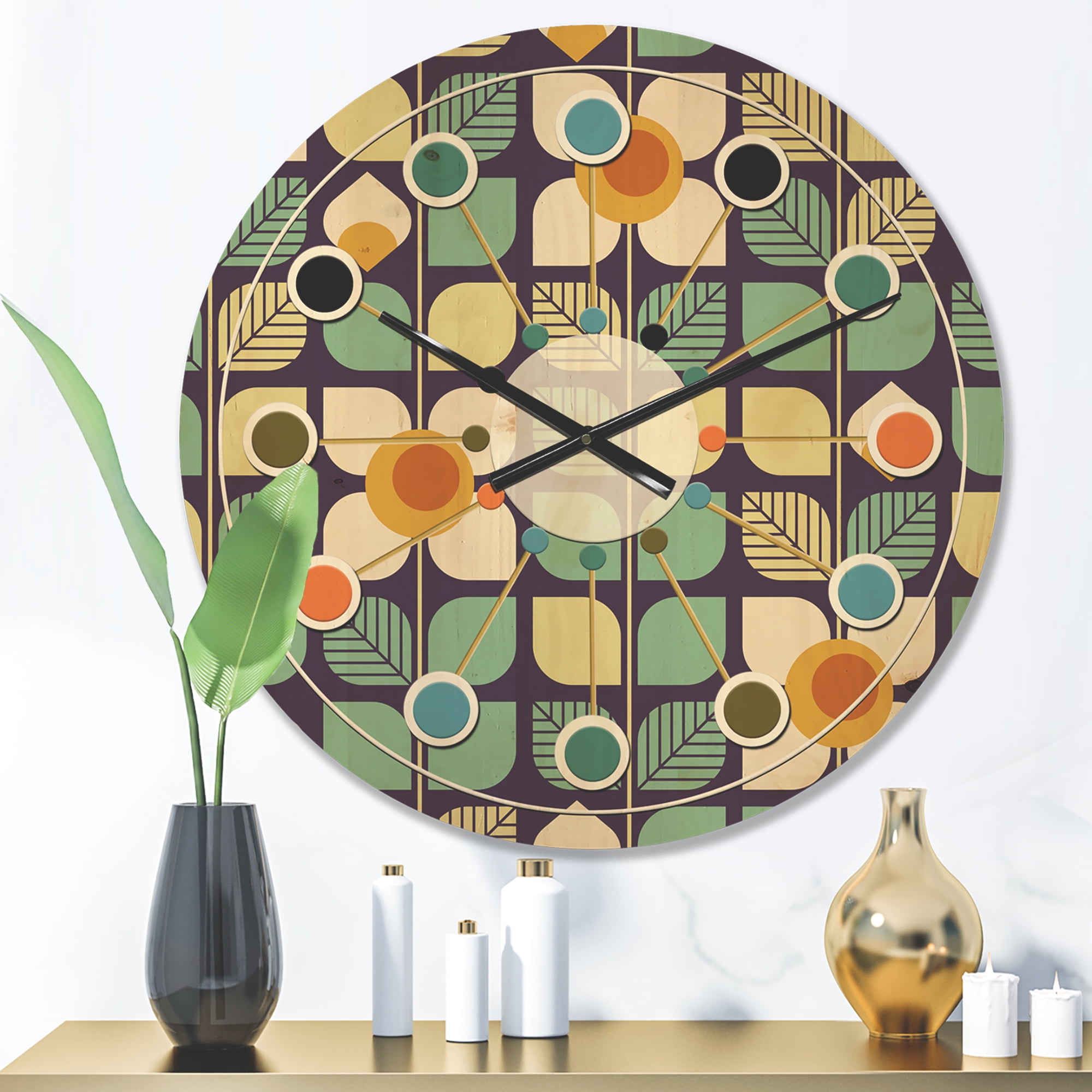 Designart 'Botanical Retro Pattern Design III' Mid-Century Modern Wood Wall Clock