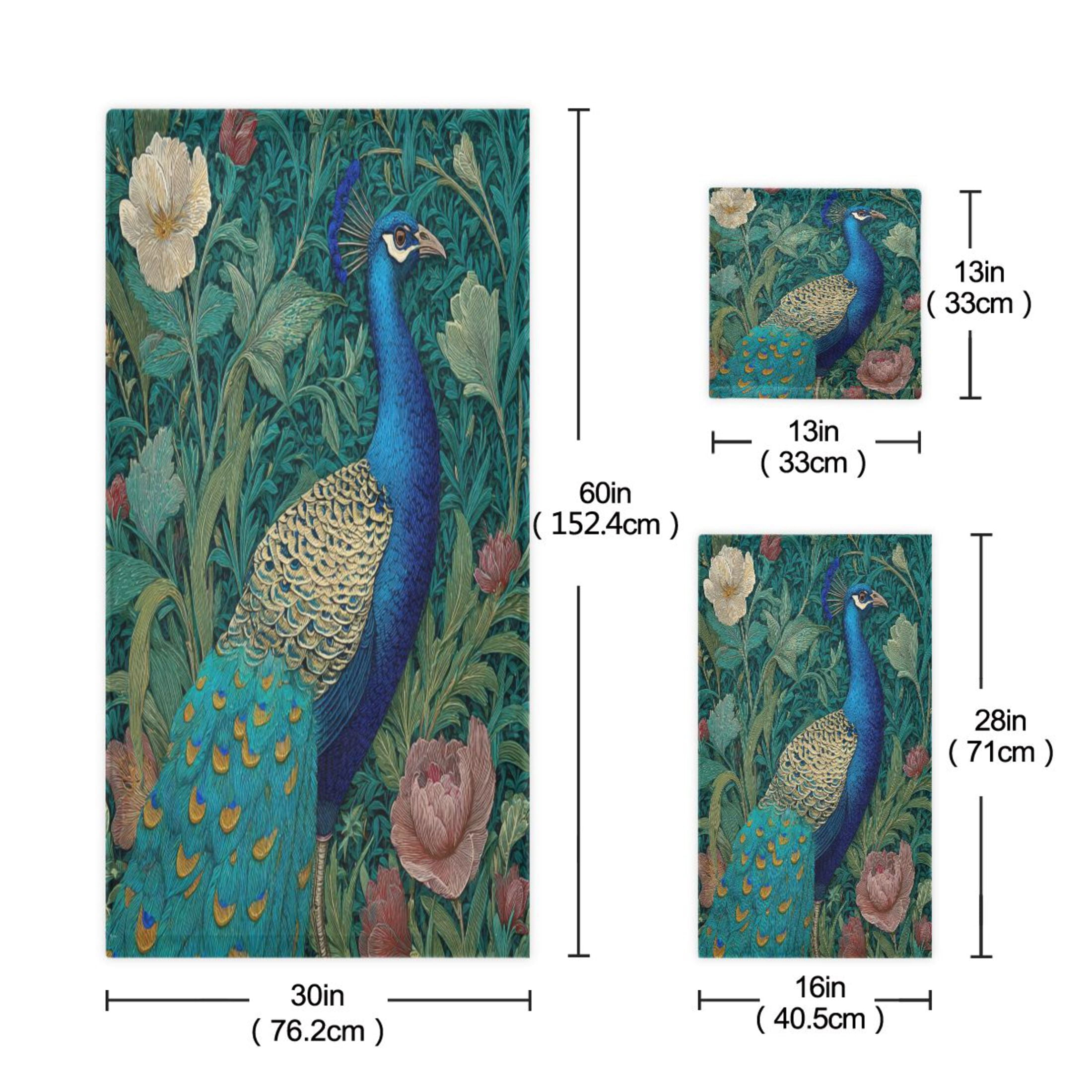 3 Piece Bath Towels Set Bath Towel, Hand Towel and Face Towel for Bathroom, Gym, Hotel Peacock Illustration