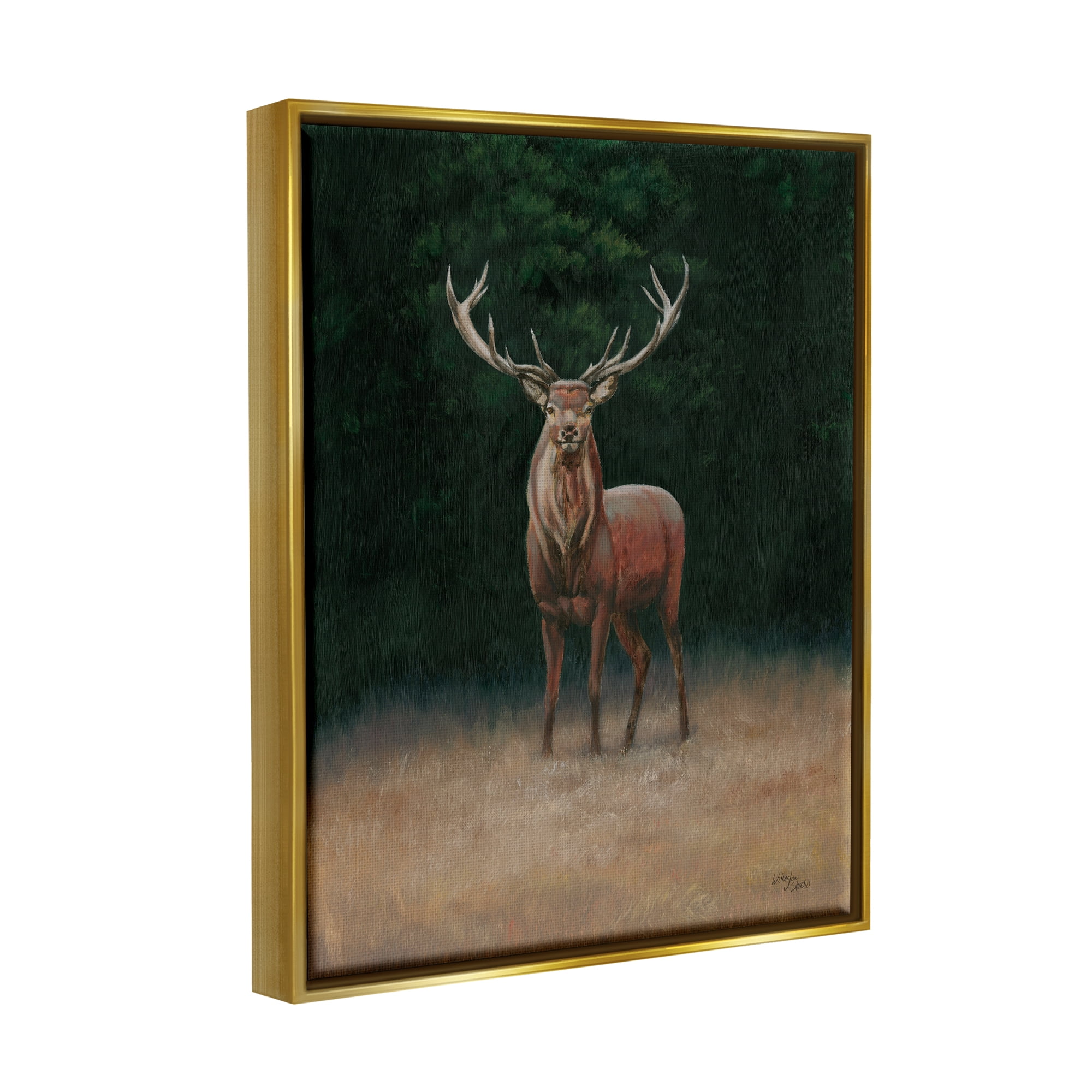 Stupell Industries Deer in Forest Clearing Animals & Insects Painting Gold Floater Framed Art Print Wall Art, 17 x 21