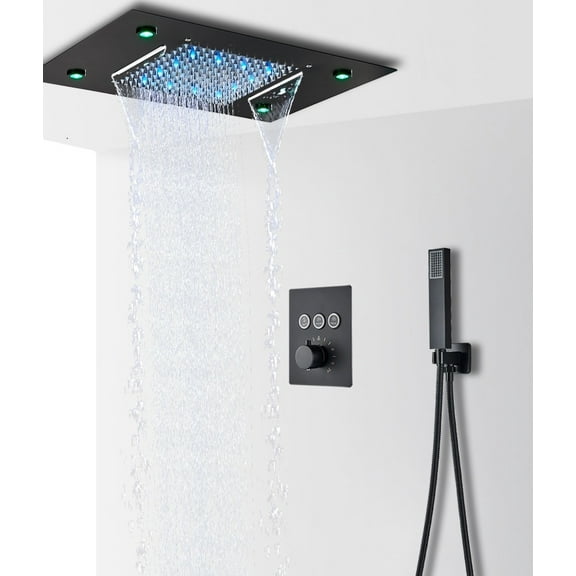 Juno Black Ceiling Mount Thermostatic Rainfall/Waterfall Shower Head Set With Handheld Shower