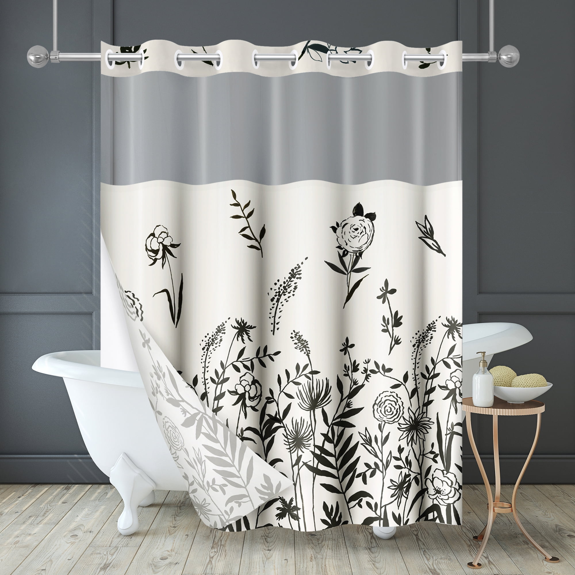 Americanflat 72x75 Hookless Shower Curtain - Floral Cream and Black Shower Curtain with Sheer Panel, Snap-In Liner, and Grommets - 100% Polyester