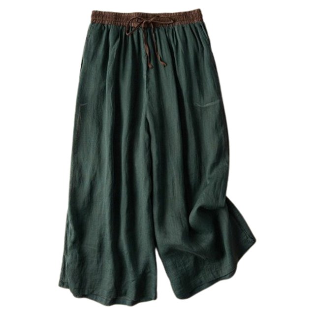 Pantalon Grand Polyvalent pour Femme à Taille Élastique - Pantalon Court en Lin à Garniture Contrastante