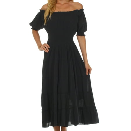 Sakkas Cotton Crepe Smocked Peasant Gypsy Boho Renaissance Mid Length Dress - Black - One Size