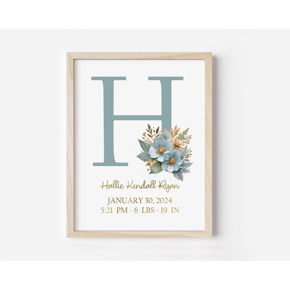 Personalized Baby Gift - Wall Art Framed Print by Oak & Alder - Size 11x14 inches. Light Oak Frame included