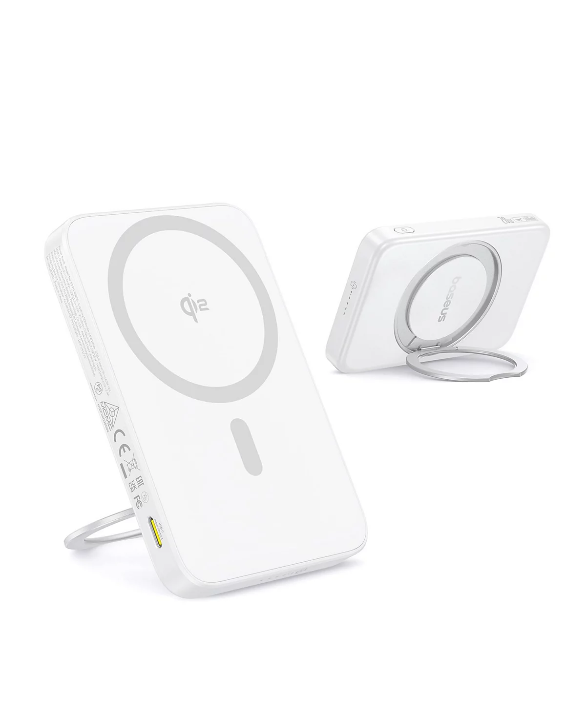 Baseus Qi2 MagSafe Power Bank, PicoGo 5000mAh Wireless Portable Charger with 360° Rotatable Ring Stand, Magnetic Power Bank for iPhone 16/15/14,White