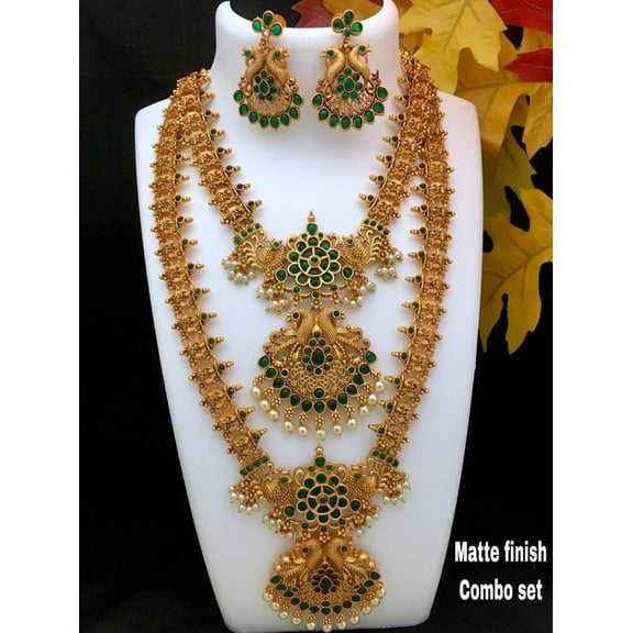Matte Gold-Finish Temple Jewelry Combo Set with Green Kundan Stones – Bridal Layered Necklace Set with Earrings