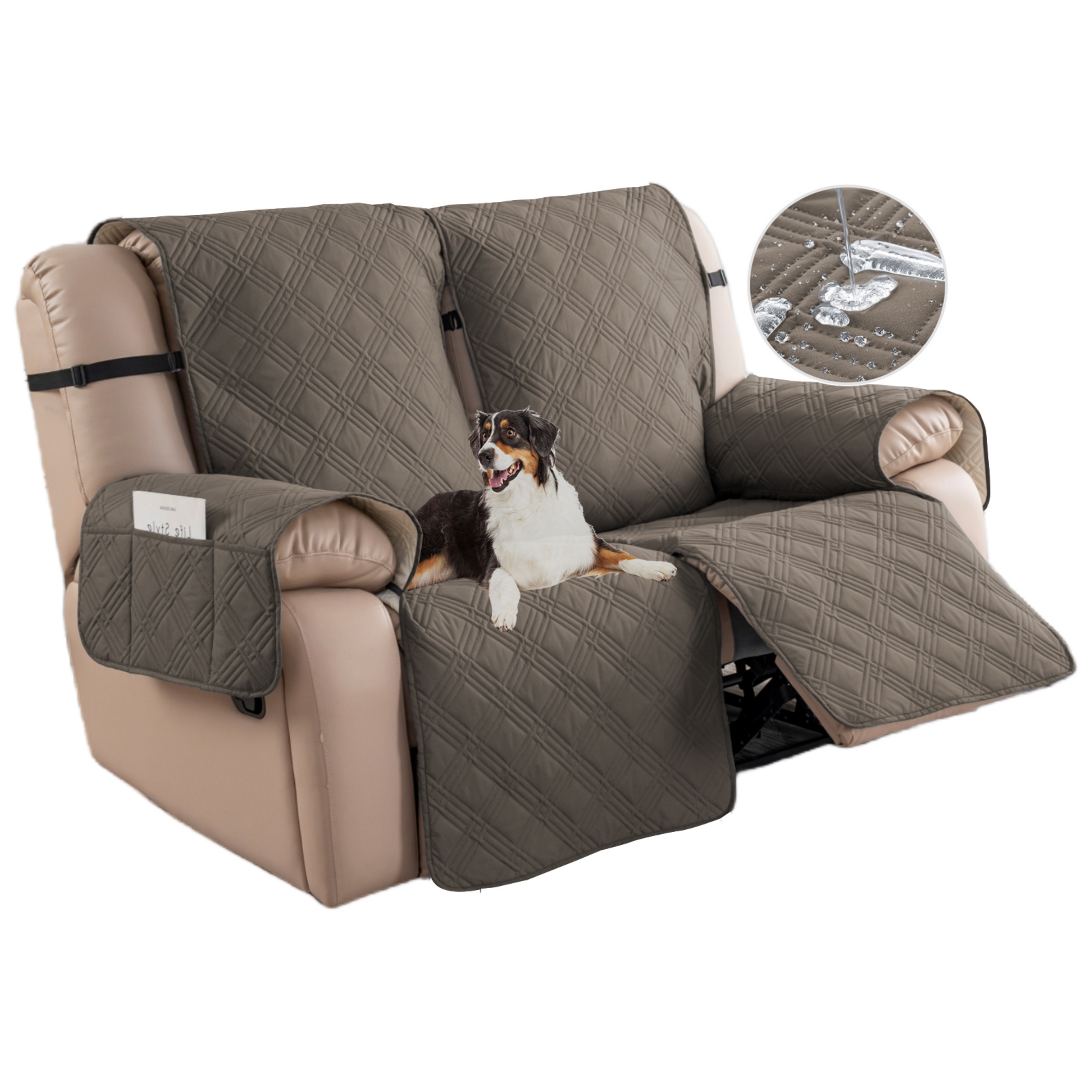 Lavish Cover 100% Waterproof Recliner Loveseat Cover, 2 Pieces Non-Slip Recliner Couch Slipcovers, Washable Furniture Protector with Pockets & Elastic Straps for Kids Pets, 2 Seaters, Gray Brown