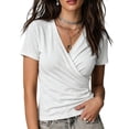 thumbnail image 5 of Summer Deep V Neck Cross Surplice Wrap Tops for Women Solid Color Casual Short Sleeve Wrap Front Drape Dolman Top White L, 5 of 6