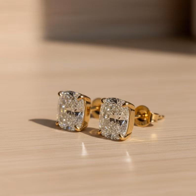 thumbnail image 3 of Solitaire Cushion Cut Diamond Stud Earrings, Minimalist Wedding Stud Earrings, Diamond Anniversary Gift, Elegant Bridal Jewelry, Engagement Studs., 3 of 4