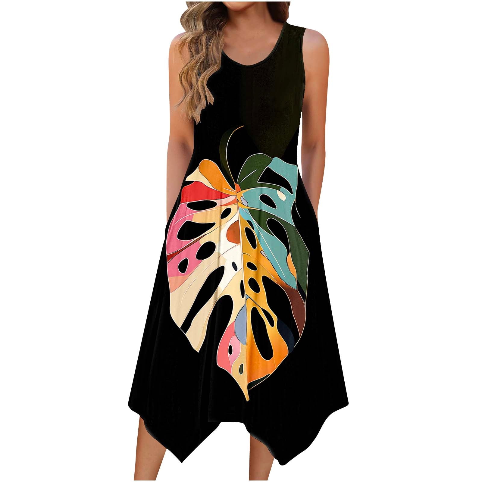 Xdegoge Mid Length Dress for Women Fashion Print Loose Flowy Summer Dress Crewneck Sundress Cruise Dress with Pockets Casual Vacation Hawaiian Beach Dress Black XL Vestidos Para Mujer