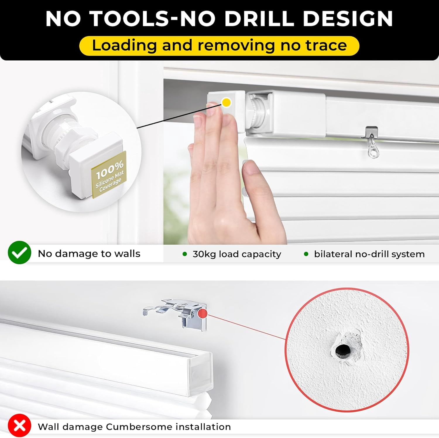 No Drill Blinds for Windows 1" Aluminum Cordless Mini Blinds L-Shaped Slat 100% Privacy, for Window Size 20" W × 64" H - White