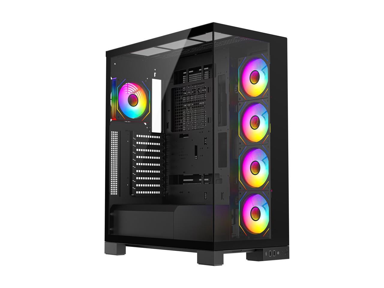 DIYPC  Vanguard-F2-Pro Black Dual USB3.0 and Type C Tempered Glass ATX Full Tower Gaming Computer Case w/ 5 x 120mm ARGB PWM Fans (4 x MB Side, 1 x Rear) Pre-Installed. Support BTF Back Plug MB.
