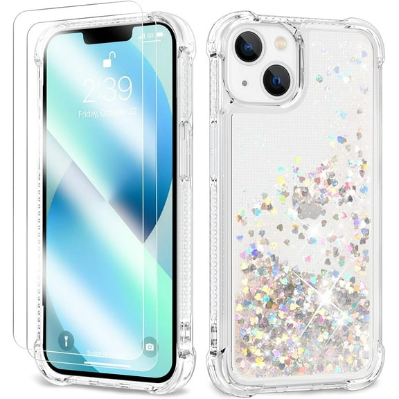 for iPhone 15 Case Glitter, Shockproof Clear TPU iPhone 15 Phone Case with 2 Screen Protectors, Bling Silver Glitters iPhone 15 Case for Women