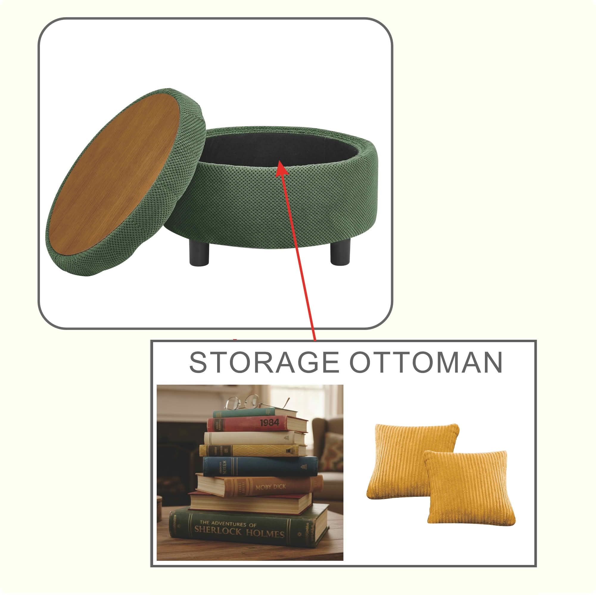 MAYEERTY 25 In Round Storage Ottoman with Tray, Tufted Fabric, Coffee Table Ottoman, Dark Green