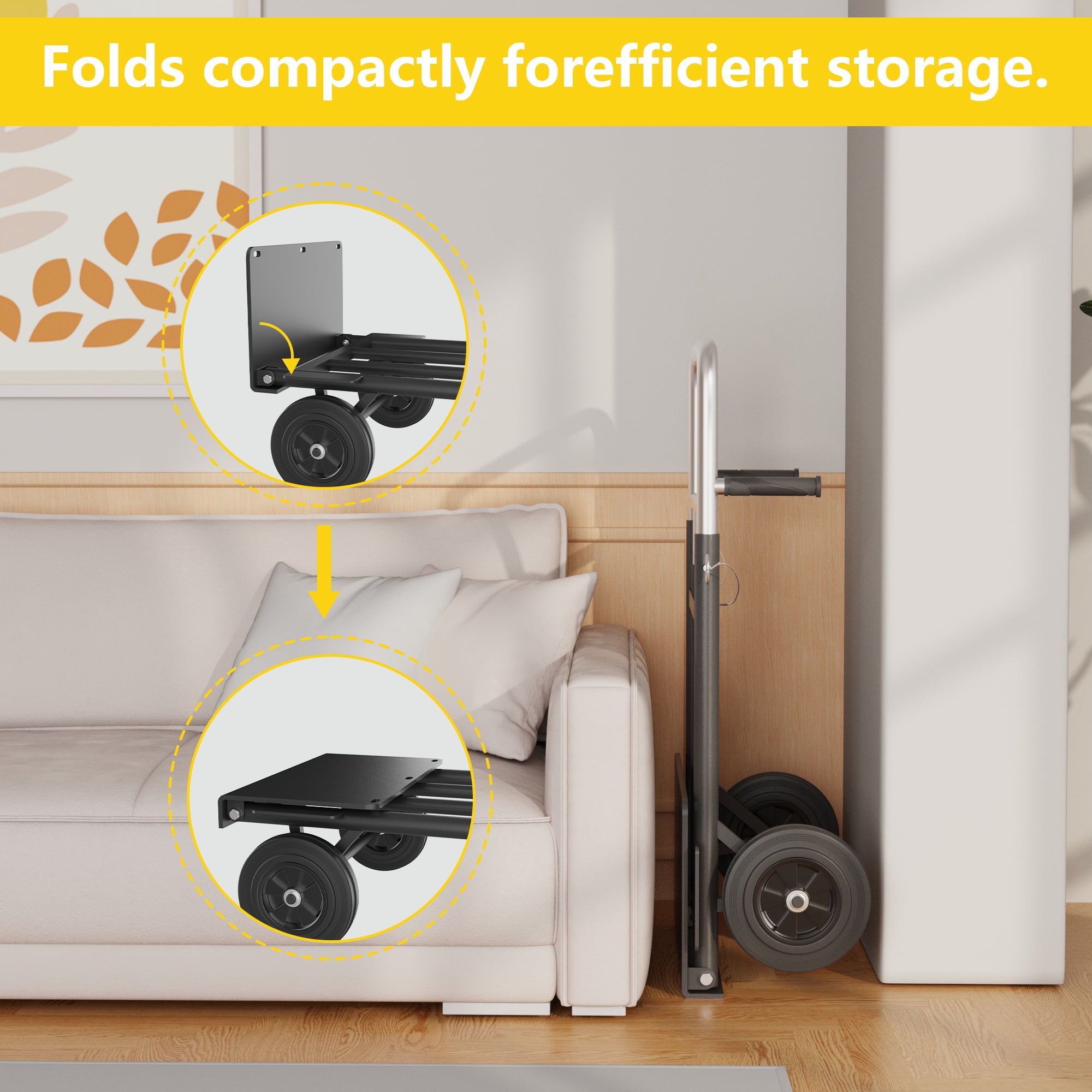Folding Hand Truck, 600 lb Capacity Heavy-Duty Convertible Dolly Cart with Telescopic Handle, Rubber Wheels & Bungee Cords for Warehouse, Home & Office