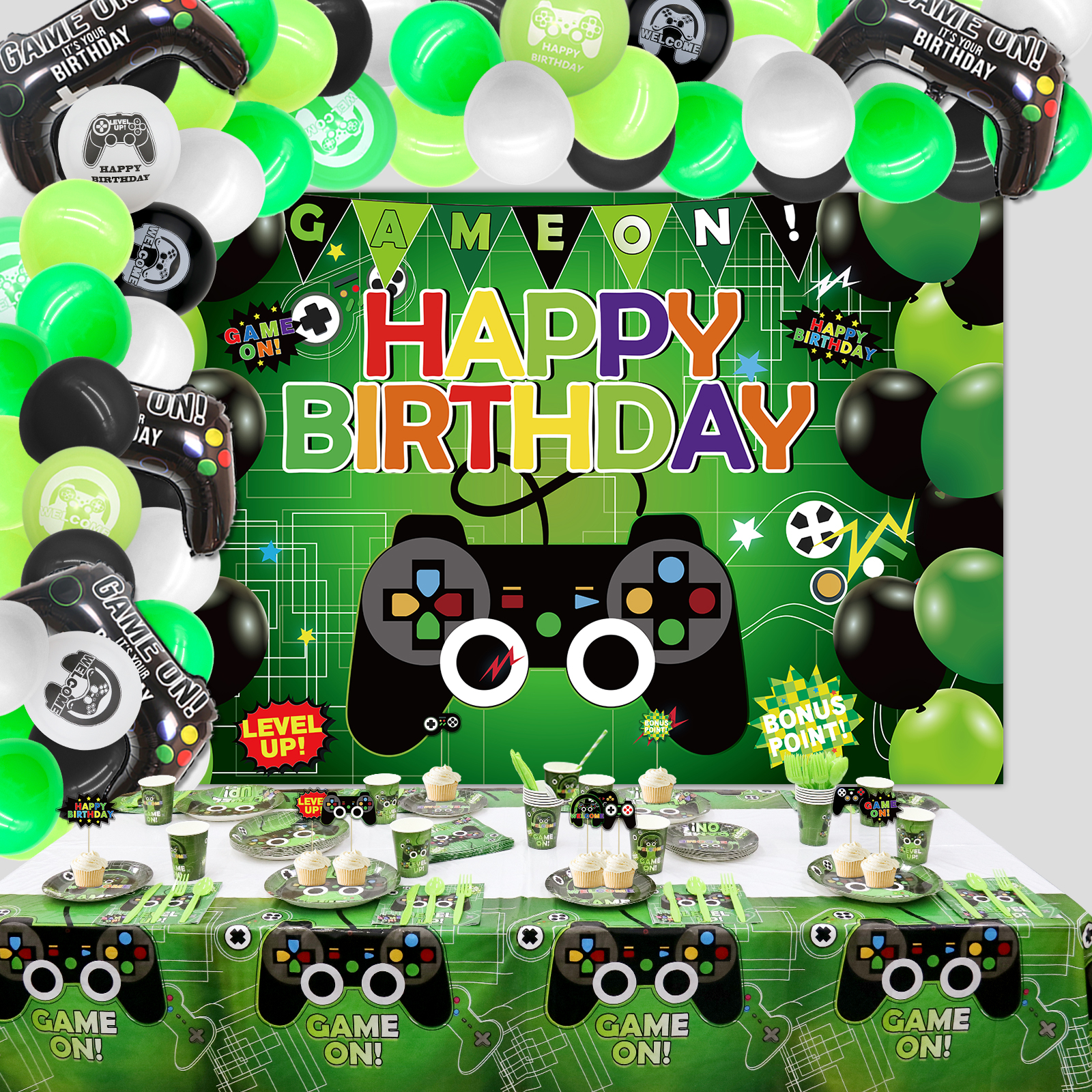Hegbolke Video Game Happy Birthday Party Decoration Kits, Green, 82 Count