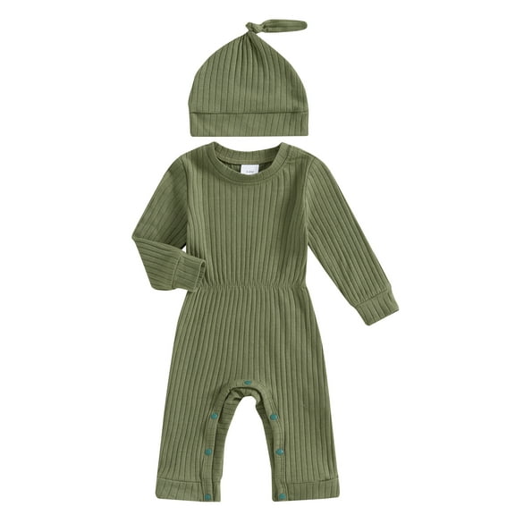 Michellecmm  Baby Boys Rompers Solid Color Ribbed Knit Bodysuits with Hat