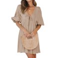 thumbnail image 3 of QAFOPEH Women Lace Up V Neck Lantern Half Sleeve Pleated Solid Color Mini Dress, 3 of 7