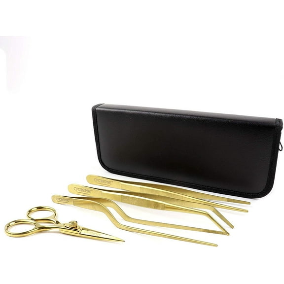 O'Creme Set of Culinary Tweezer Tongs 8 Inch Straight, 8 Inch Offset and 8 Inch Curved, Plus Super Sharp Chef Scissors, Total 4 Pieces Gold