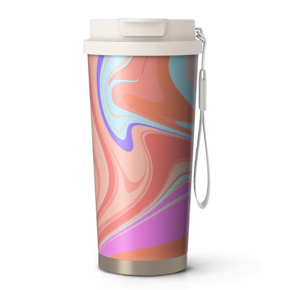 18oz Travel Coffee Mug, 316 Stainless Steel Vacuum Insulated Tumbler with 2-in-1 Straw Lid & Strap, Liquid & Marble Print