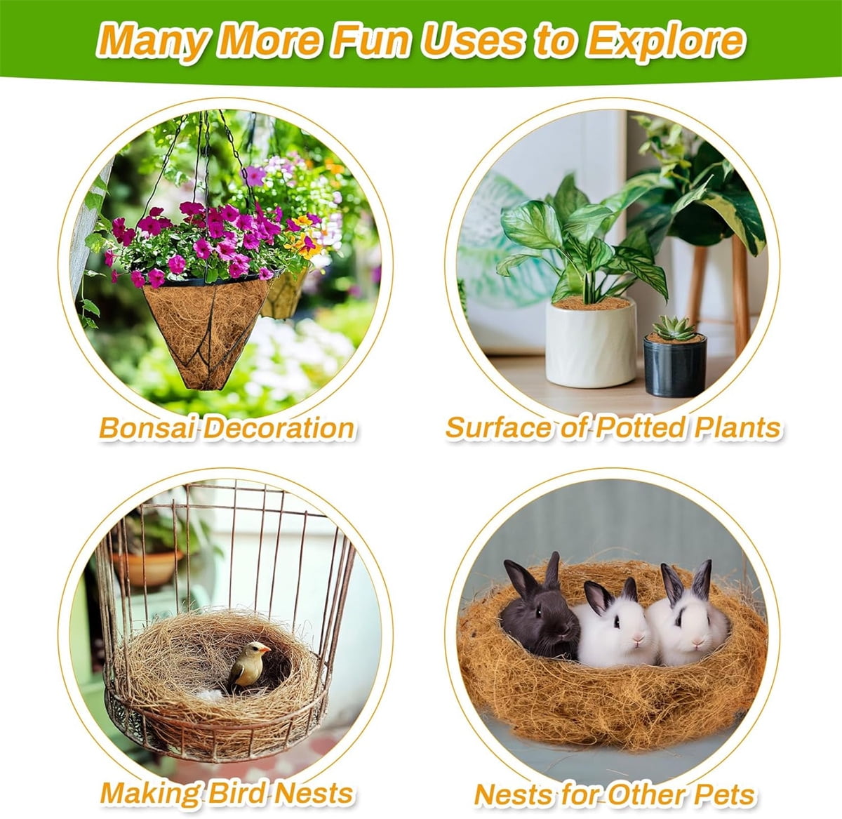 Tutuviw Long Coconut Husk Fiber Mulch Silk,Pure Coconut Shell Fiber for Bird Nest,Plant Coconut Fiber Substrate,Clean Coconut Shell Moss Covering for Orchids Pot Plant (0.55 Pounds)