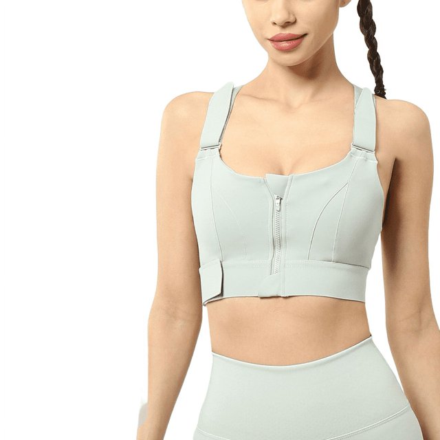 Womens High Impact Sports Bra Front Zipper Closure Adjustable Velcro Straps Shockproof Post-Surgery Workout Bra
