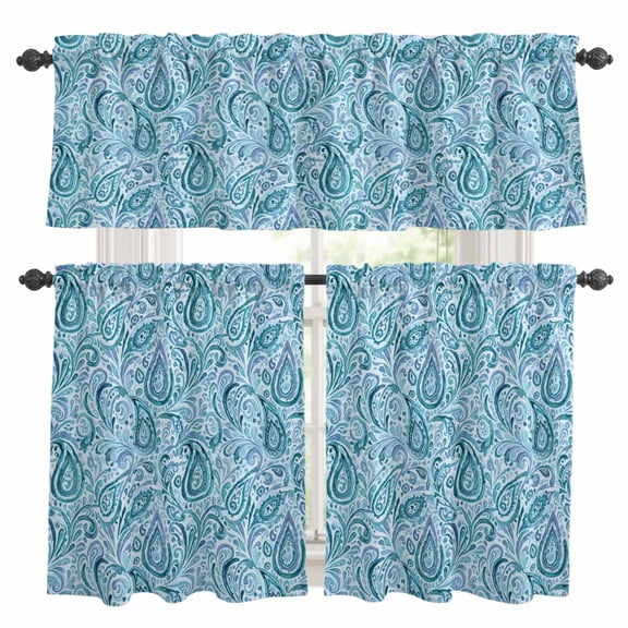 Light Blue Teal Kitchen Curtains Sets for Windows 24 Inch Length, Retro Botanical Abstract Art Rod Pocket Window Treatments Tier Curtains and Valances Set for Bedroom/Bathroom