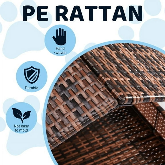 Dog House, Elevated Rattan Dog Bed with Canopy and Washable Cushion Cover, Indoor Outdoor Raised Pet House for Small Medium Dogs Cats, Brown