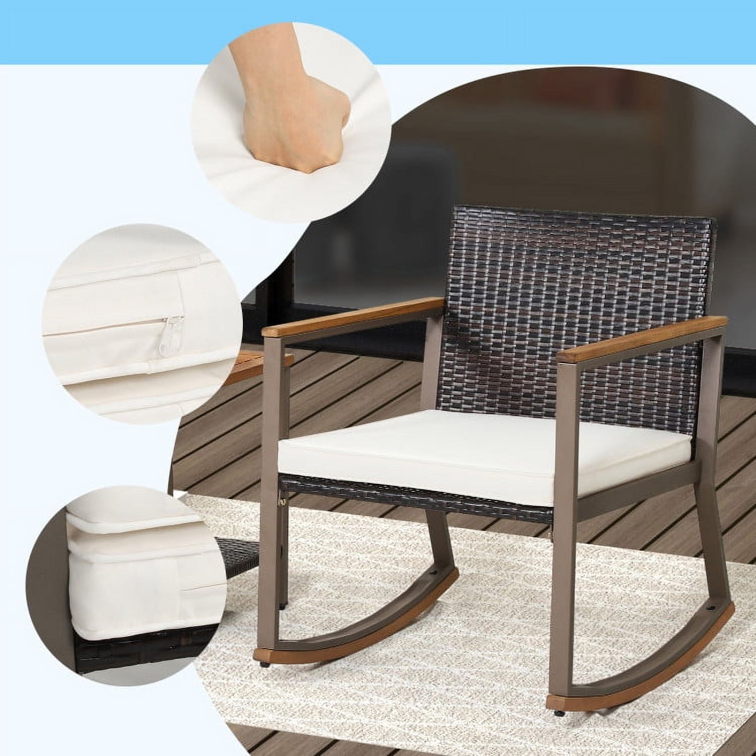 Aimee Lii 3 Pieces Rattan Rocking Bistro Set with Coffee Table and Cushions, Patio Table and Chairs Set, Outdoor Patio Set, Off White