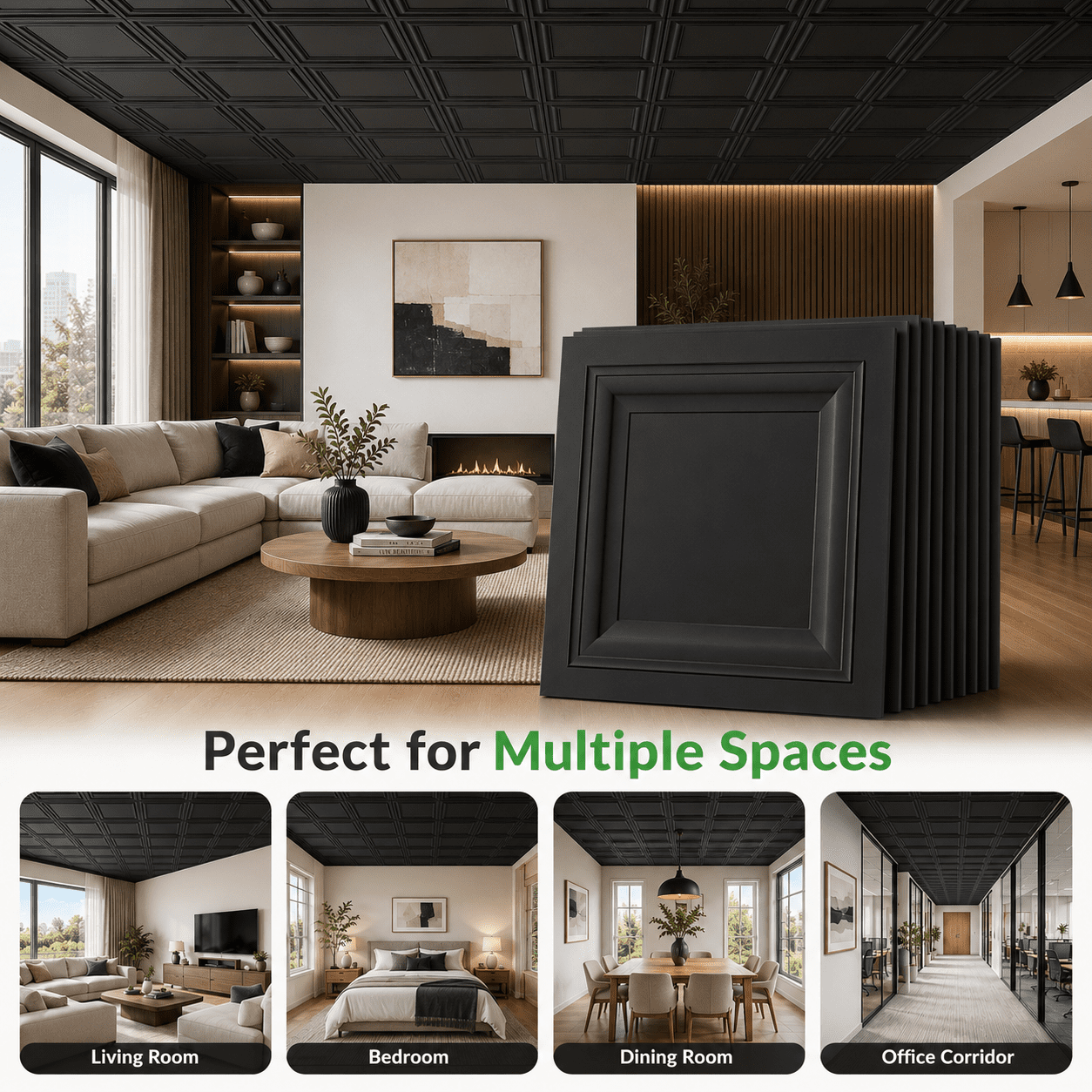 Yeslife 12-Pack Black PVC Drop Ceiling Tiles 2x2 ft, Waterproof Washable Reusable Ceiling Panels for Basement, Home & Office, Covers 48 sq ft