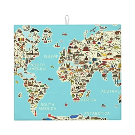 

Xecao World Travel Line Icons Map Print Dish Drying Mat for Kitchen Counter Absorbent Coffee Bar Mat Dish Drainer Rack Mats Dining Room Decoration